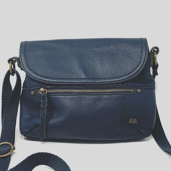 The Sak Navy Blue Leather Crossbody Bag Purse Handbag Zipper Pockets Lined inner - Picture 15 of 16